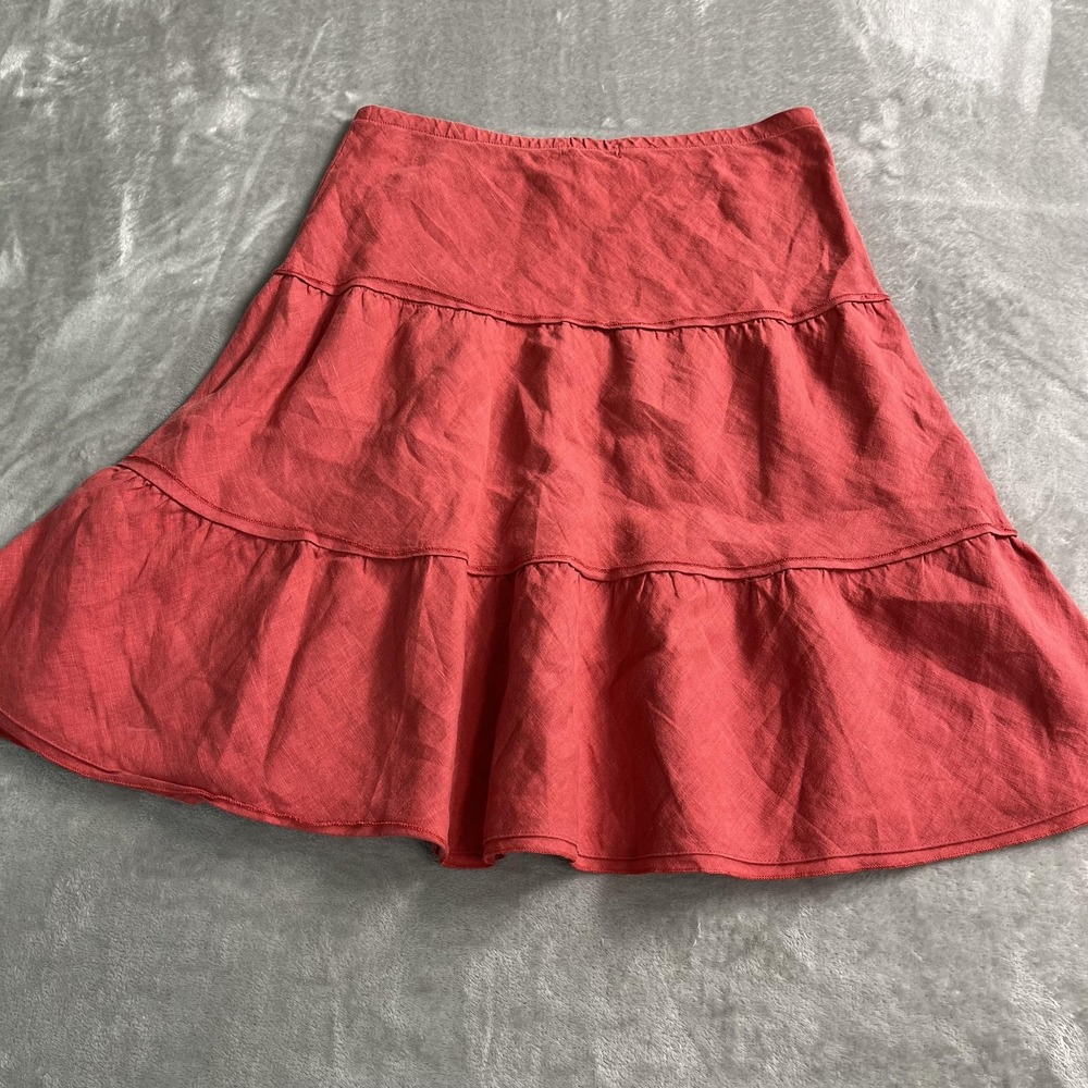 Allen Allen Skirt Womens M Red Linen Tiered Ruffle A Line Midi Elastic Waist